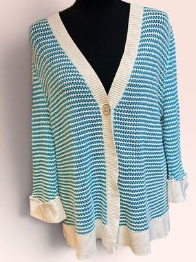 Spring + Mercer Cream-Trim Teal Striped V-Neck Knit Cardigan Sweater Sz XL